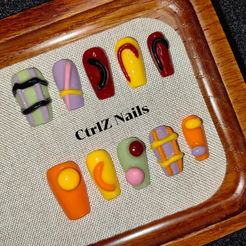 3D Dopamine Candy Clash Press On Nails - Handmade Color Block Glitter False Nails with Sculpted Design