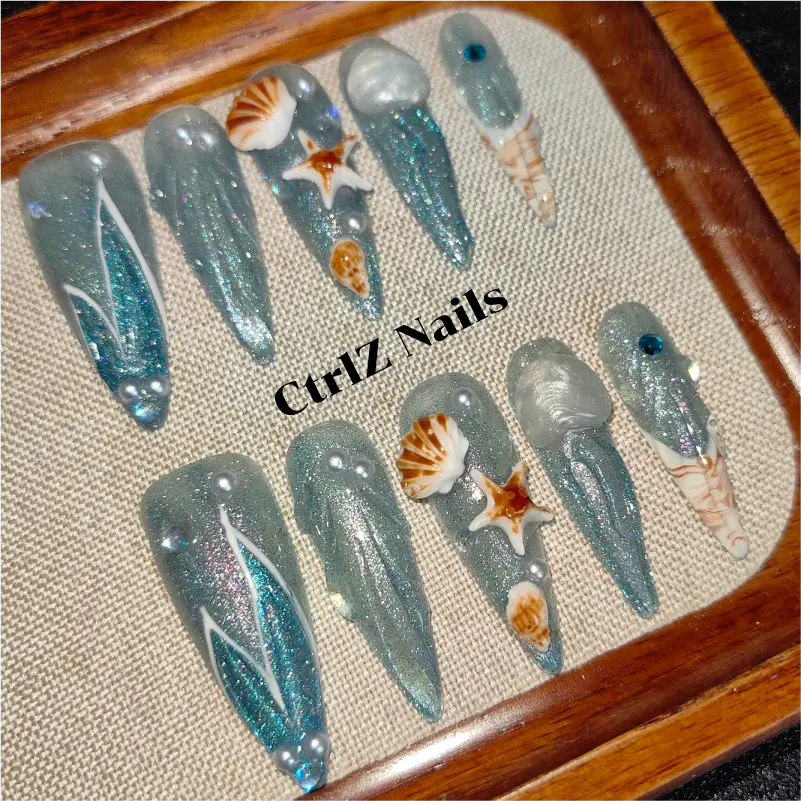 Handcrafted Dreamy Shell Press On Nails - Elegant Mermaid Style Fake Nails for Summer