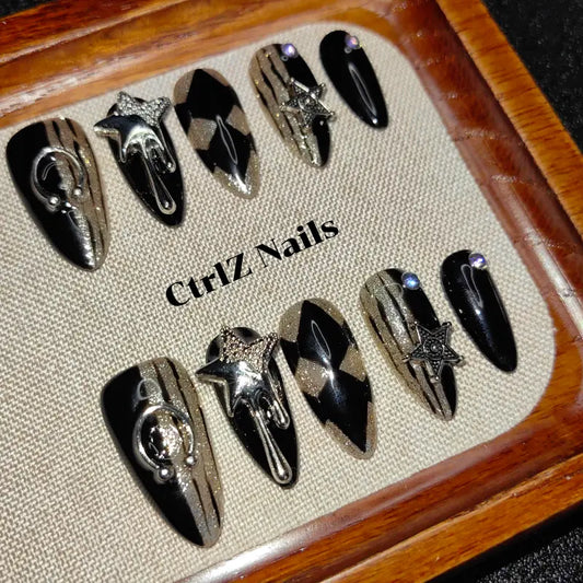 Metal Punk press on nails with sharp metallic details and handmade finish
