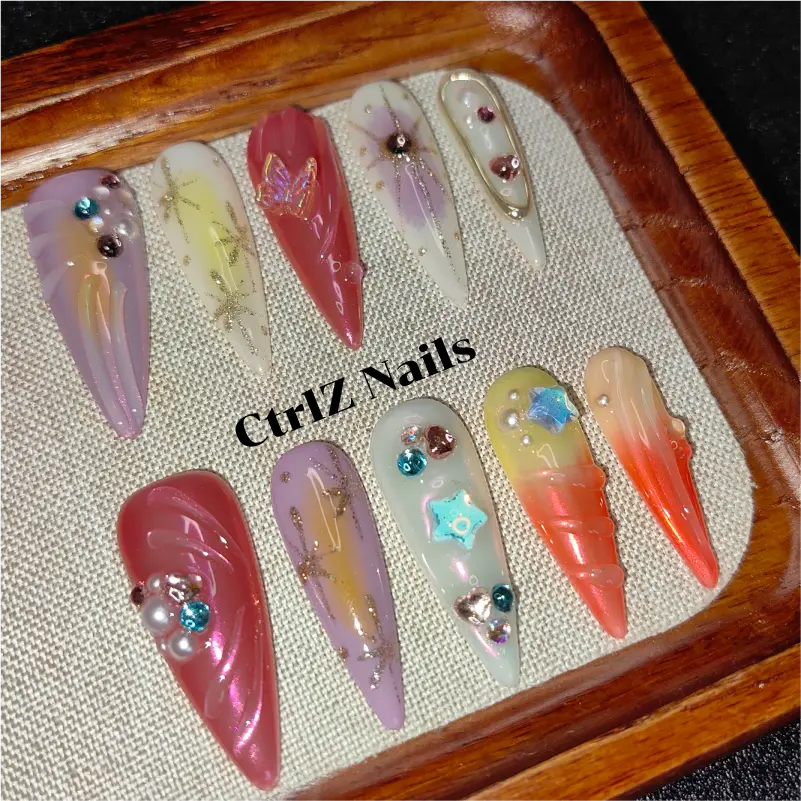 Handmade Summer Beach Press On Nails - Blue Ocean Ombre Glitter Acrylic Fake Nails
