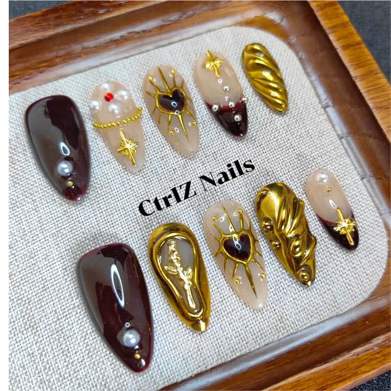 Golden Hex Rose Press On Nails - Handmade 3D Floral False Nails with Metallic Geometric Design