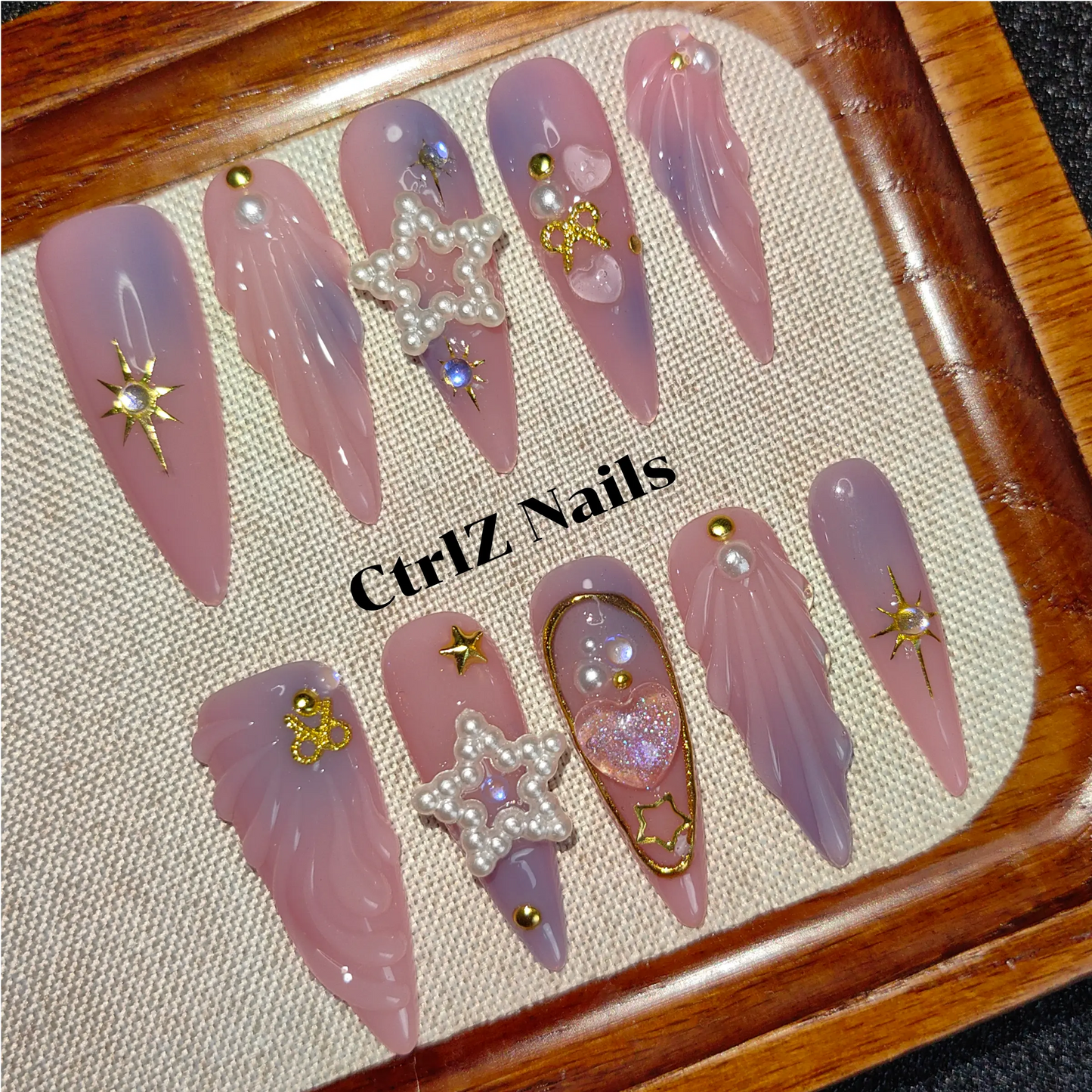 Handmade Celestial Stars Press-On Nails | Glue-On Fake Nails | Acrylic Starry Sky Design