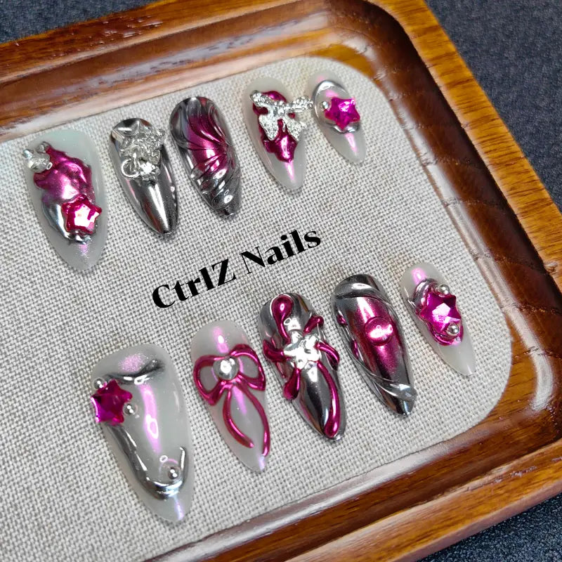 Silver Pink Press On Nails - Edgy Sweet Liquid Sugar Design Handmade Fake Nails