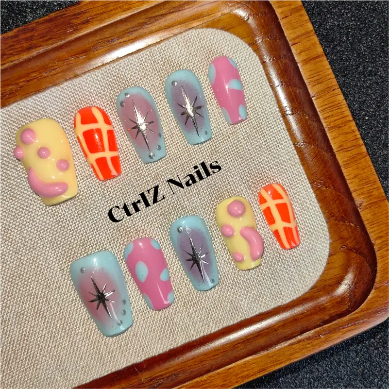 3D Dopamine Rainbow Press On Nails - Handmade Color-Clash False Nails with Unique Design