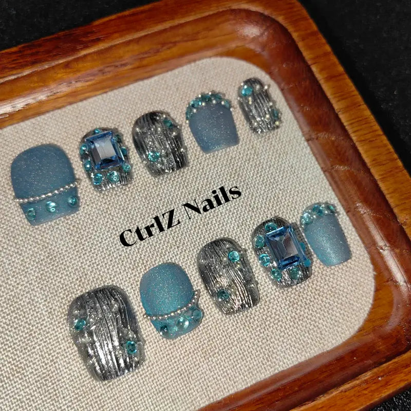 Chrome Press On Nails - Iridescent Sapphire Blue Handmade Fake Nails