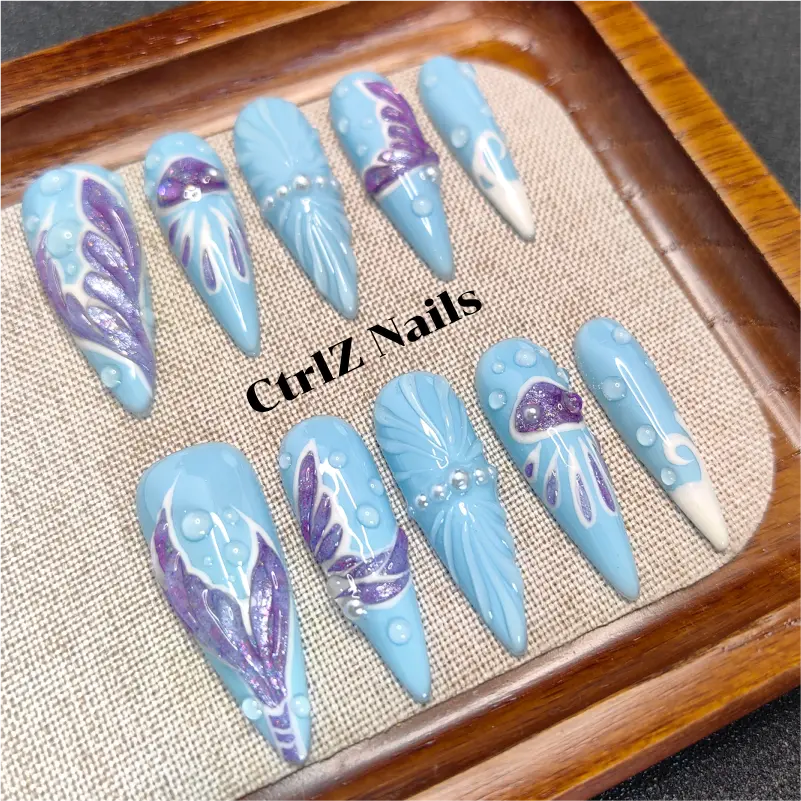Handmade Mermaid Waves Press On Nails - Blue Ombre Glitter Acrylic Fake Nails