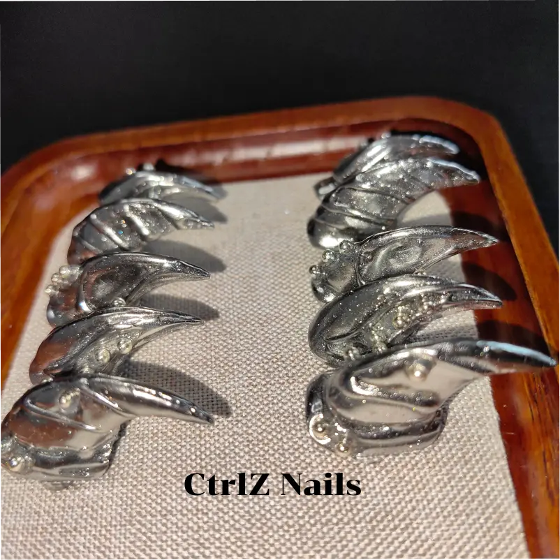 Halloween Press On Nails - Dark Chrome Silver Werewolf Claws, Sharp Metallic Fake Nails