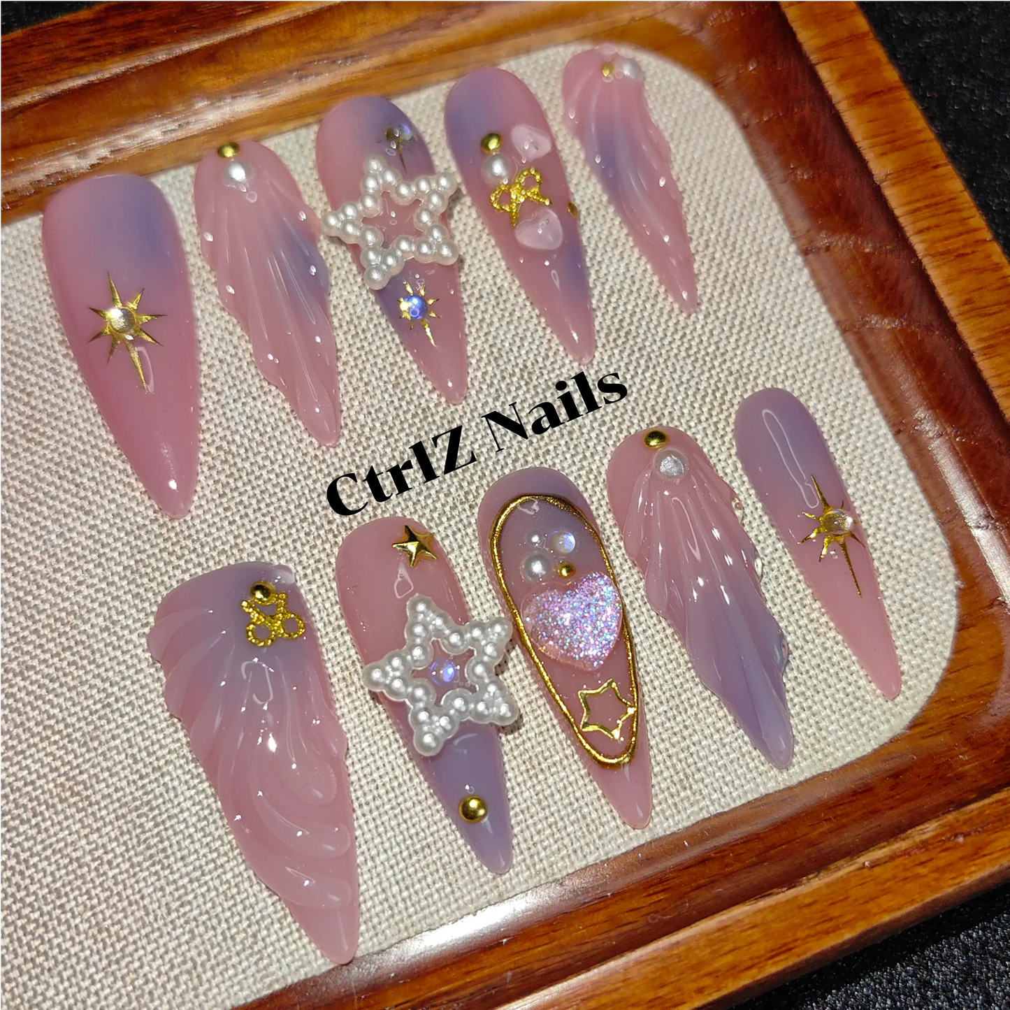 Handmade Celestial Stars Press-On Nails | Glue-On Fake Nails | Acrylic Starry Sky Design