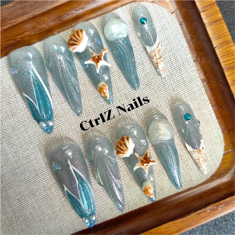 Handcrafted Dreamy Shell Press On Nails - Elegant Mermaid Style Fake Nails for Summer