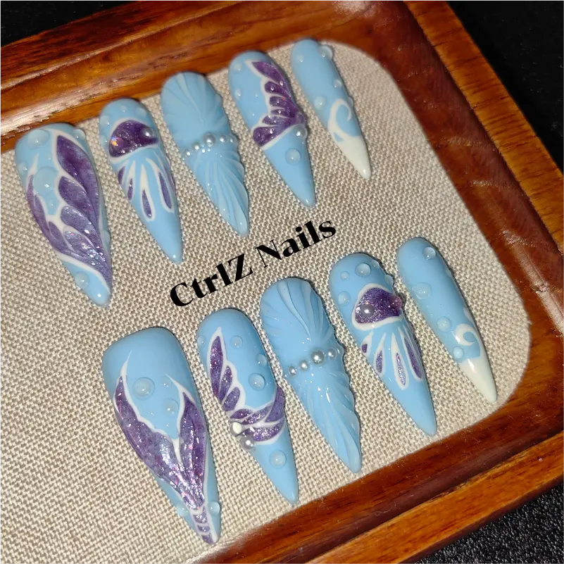 Handmade Mermaid Waves Press On Nails - Blue Ombre Glitter Acrylic Fake Nails