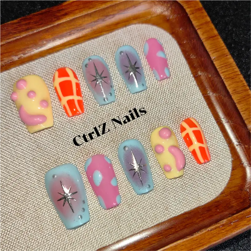 3D Dopamine Rainbow Press On Nails - Handmade Color-Clash False Nails with Unique Design