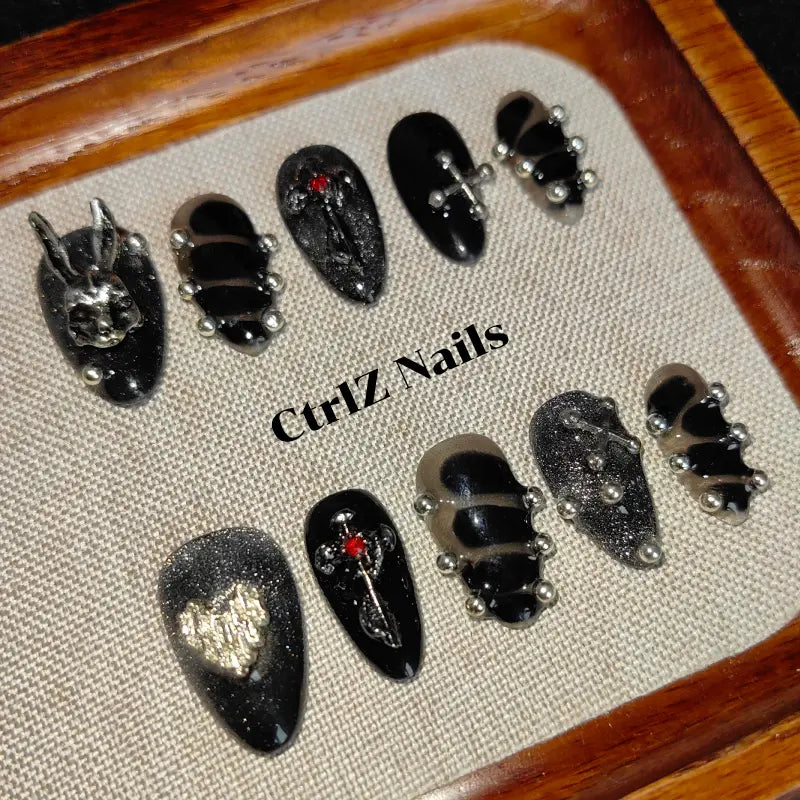Y2K Press On Nails - Gothic Bunny Cross Design Long Lasting Fake Nails