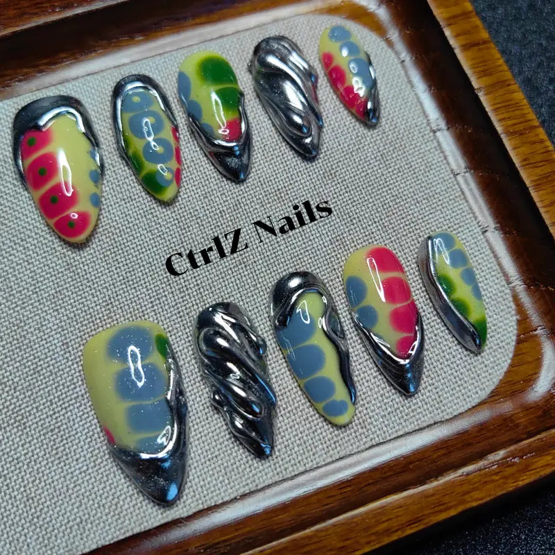 Metallic Crocodile Press On Nails - 3D Textured Handmade Fake Nails Gold Silver