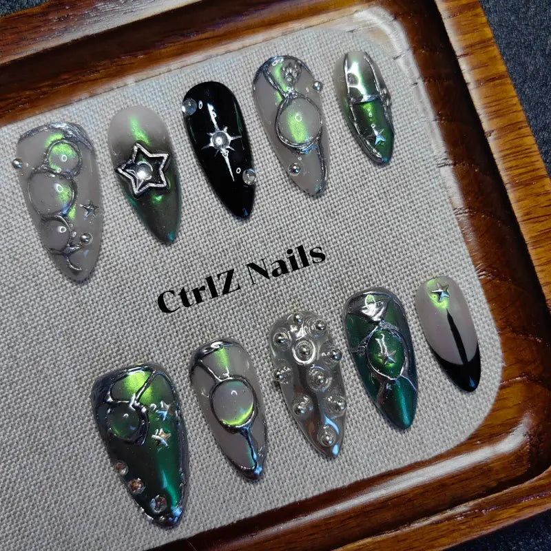 Silver Chrome Press On Nails – Mirror Shine Glow in the Dark Nail Designs for Salon & Nail Art Lovers | Handmade Fake Nails Set