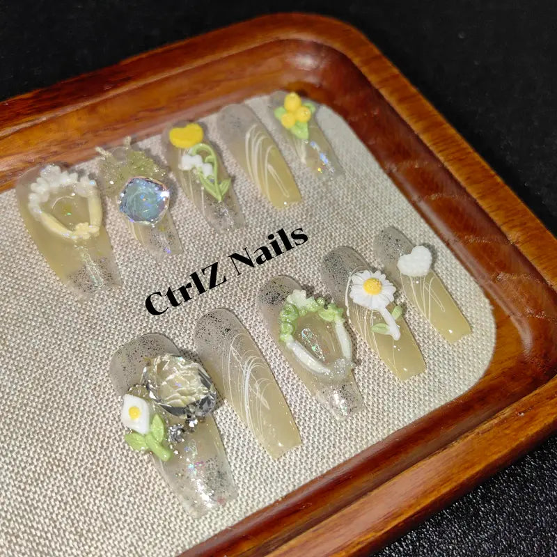 Spring Press On Nails - Sheer Yellow Green Pastel Design Handmade Fake Nails
