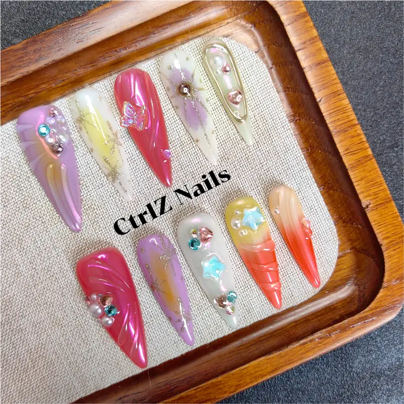 Handmade Summer Beach Press On Nails - Blue Ocean Ombre Glitter Acrylic Fake Nails