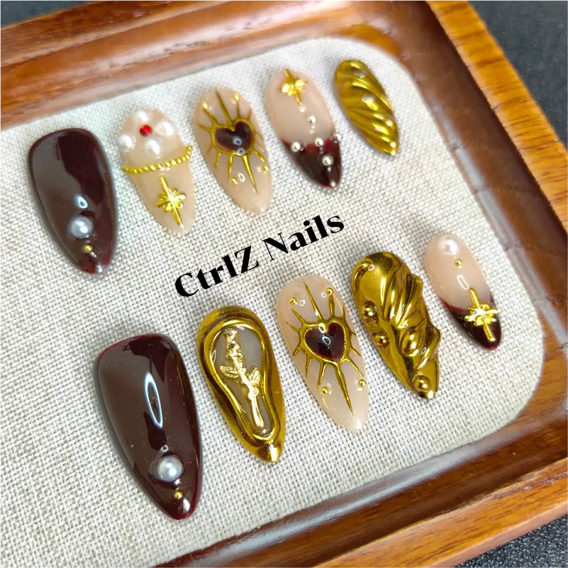 Golden Hex Rose Press On Nails - Handmade 3D Floral False Nails with Metallic Geometric Design