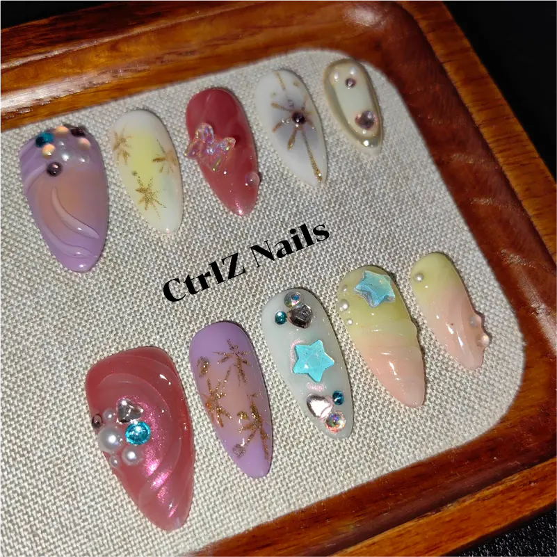 Summer Press On Nails - Beach Vibes Gradient Glow Handmade Fake Nails
