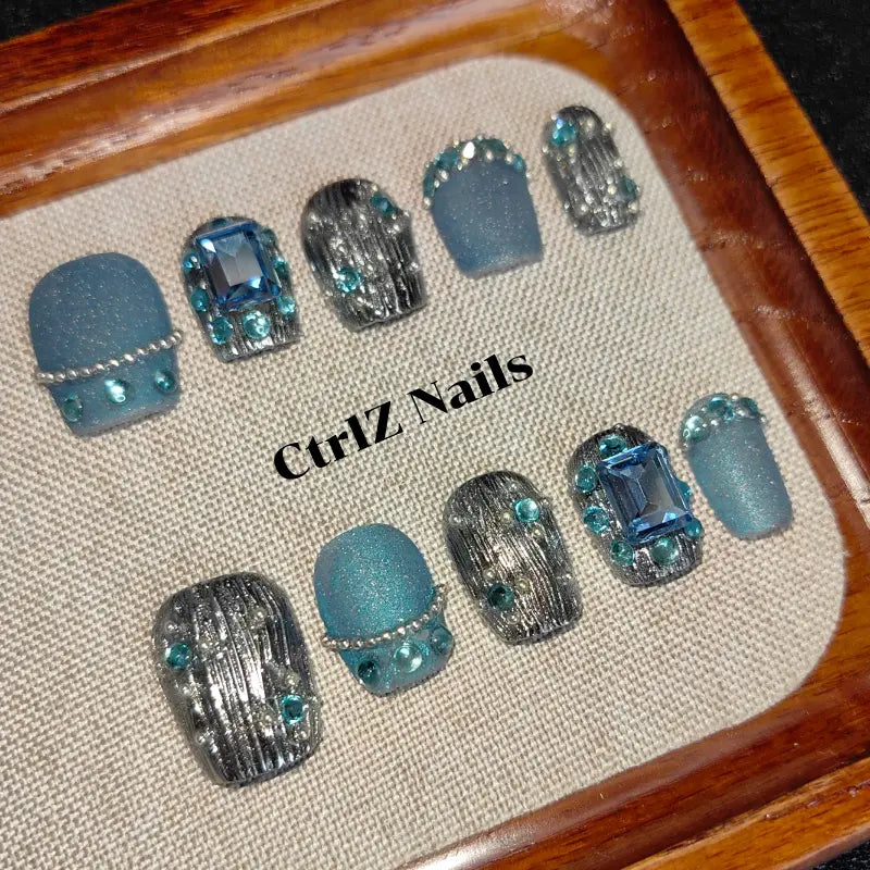 Chrome Press On Nails - Iridescent Sapphire Blue Handmade Fake Nails