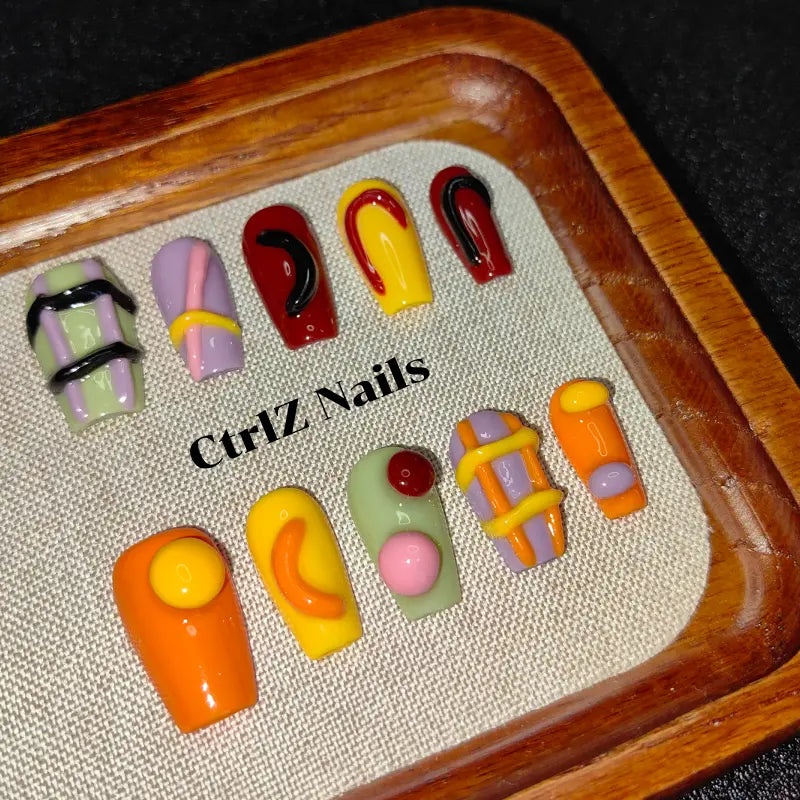3D Dopamine Candy Clash Press On Nails - Handmade Color Block Glitter False Nails with Sculpted Design