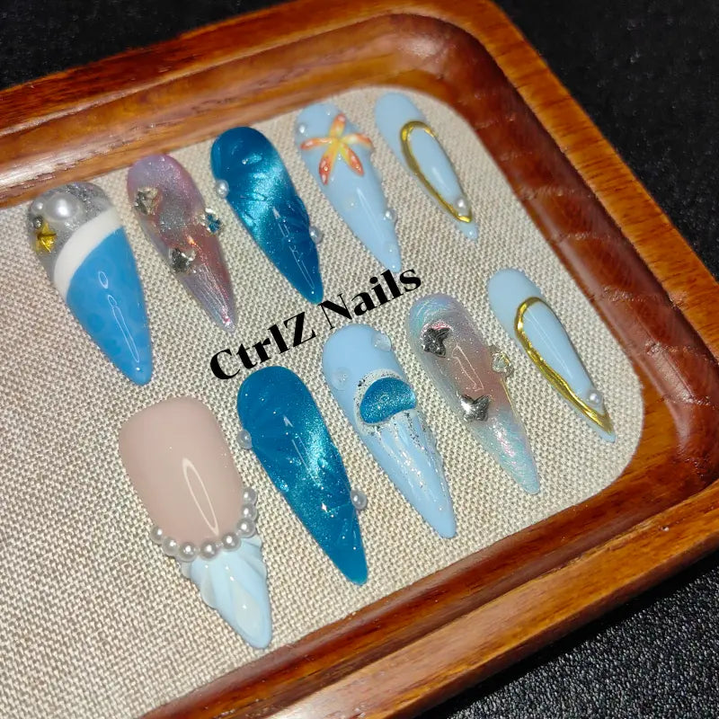 Abyssal Dream Fake Nails - Ocean Fantasy Pearl & Shell Design Handmade Fake Nails