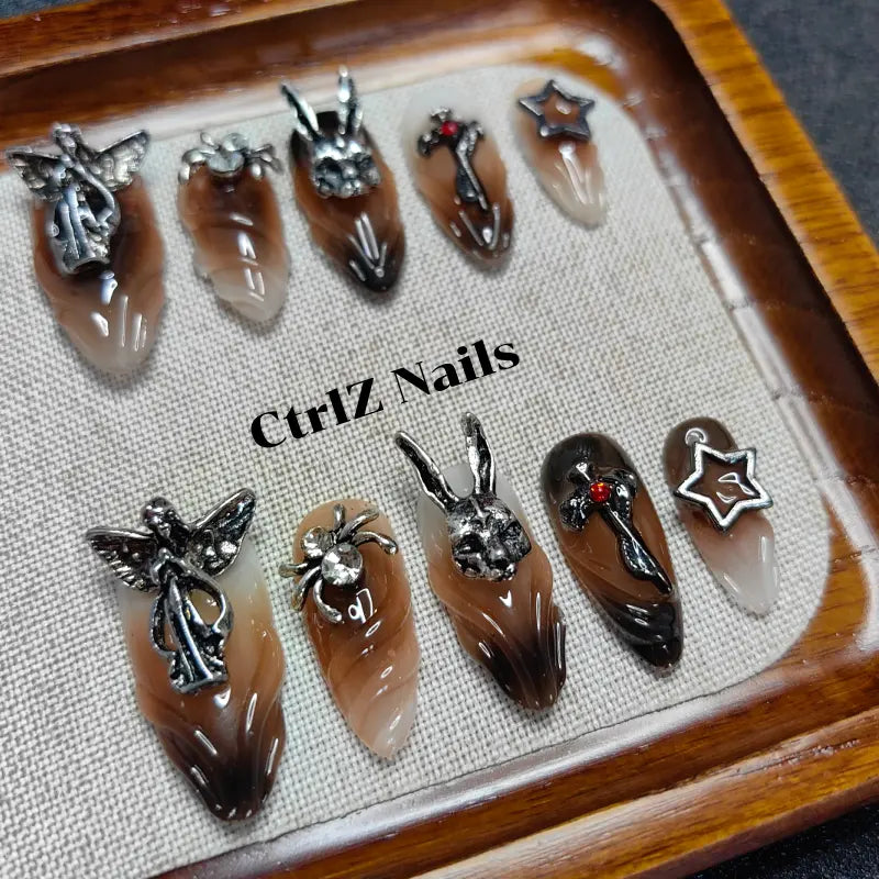 Vintage Punk Press On Nails - Gothic Bunny Head Spider Goddess Design Handmade Fake Nails
