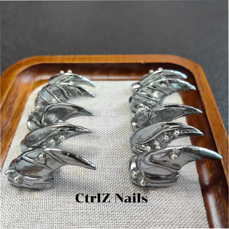Halloween Press On Nails - Dark Chrome Silver Werewolf Claws, Sharp Metallic Fake Nails