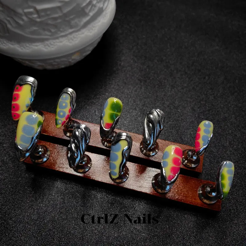 Metallic Crocodile Press On Nails - 3D Textured Handmade Fake Nails Gold Silver