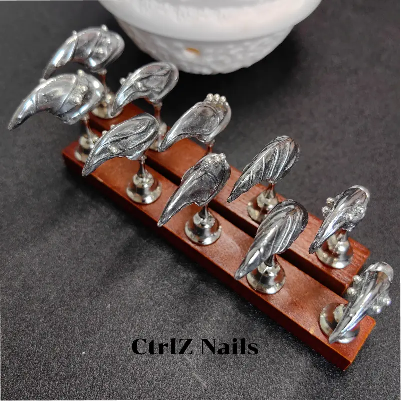 Halloween Press On Nails - Dark Chrome Silver Werewolf Claws, Sharp Metallic Fake Nails