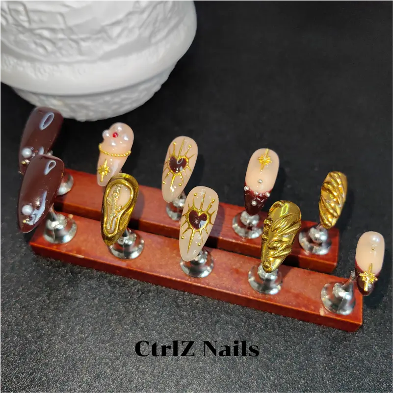 Golden Hex Rose Press On Nails - Handmade 3D Floral False Nails with Metallic Geometric Design