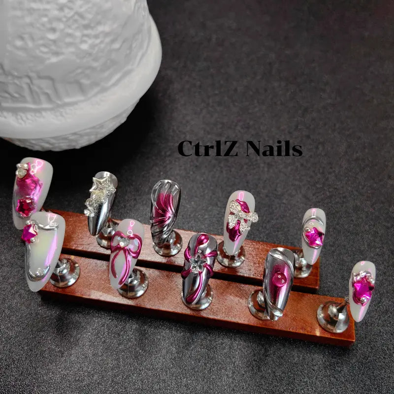 Silver Pink Press On Nails - Edgy Sweet Liquid Sugar Design Handmade Fake Nails