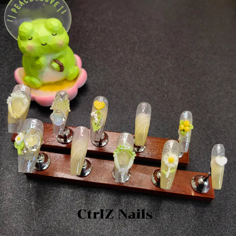Spring Press On Nails - Sheer Yellow Green Pastel Design Handmade Fake Nails