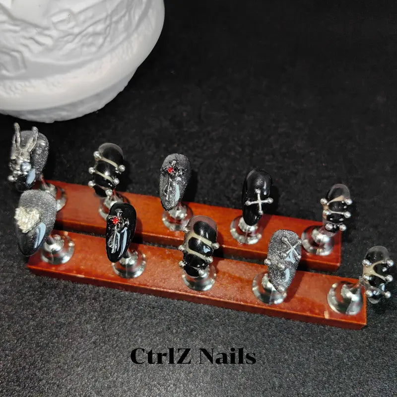 Y2K Press On Nails - Gothic Bunny Cross Design Long Lasting Fake Nails