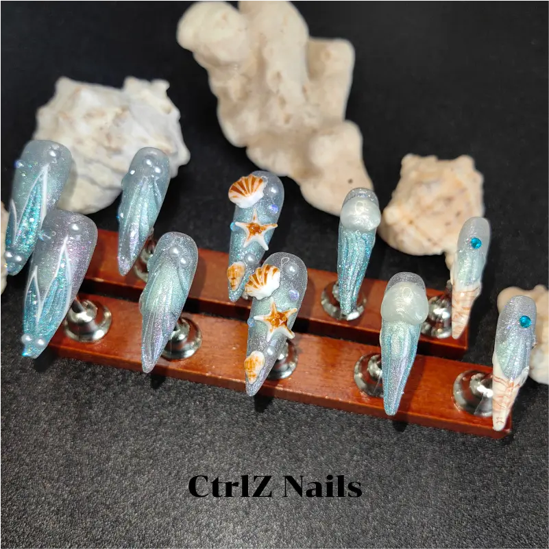 Handcrafted Dreamy Shell Press On Nails - Elegant Mermaid Style Fake Nails for Summer