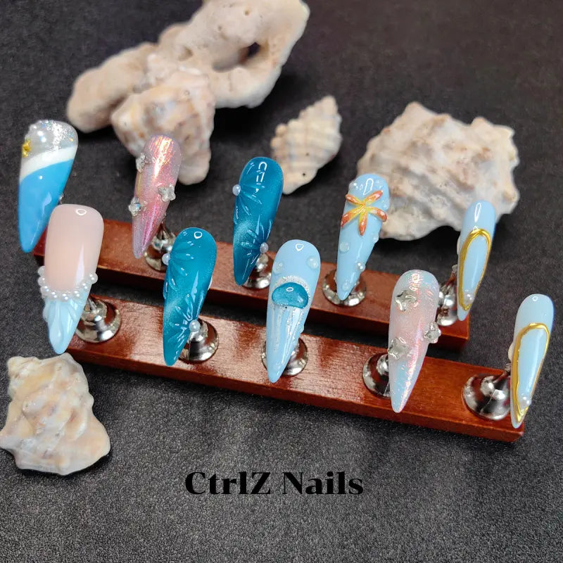 Abyssal Dream Fake Nails - Ocean Fantasy Pearl & Shell Design Handmade Fake Nails