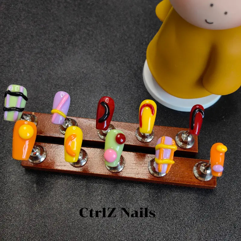 3D Dopamine Candy Clash Press On Nails - Handmade Color Block Glitter False Nails with Sculpted Design