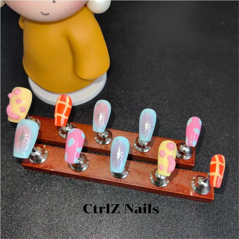 3D Dopamine Rainbow Press On Nails - Handmade Color-Clash False Nails with Unique Design