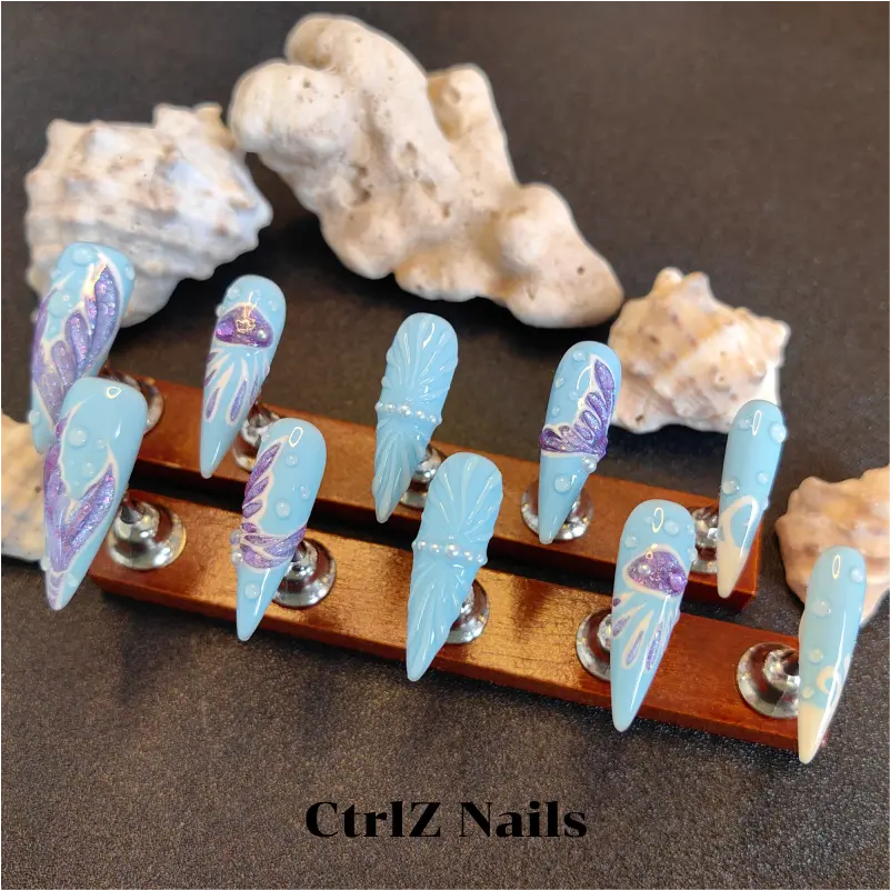 Handmade Mermaid Waves Press On Nails - Blue Ombre Glitter Acrylic Fake Nails