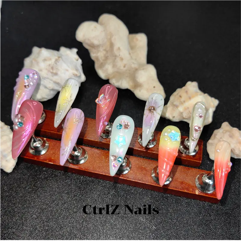 Handmade Summer Beach Press On Nails - Blue Ocean Ombre Glitter Acrylic Fake Nails