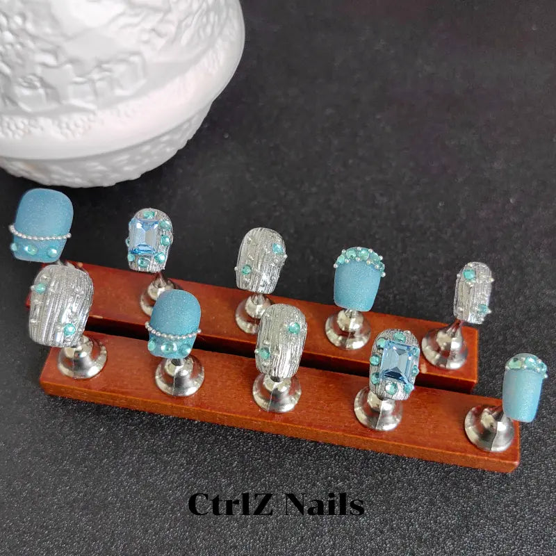 Chrome Press On Nails - Iridescent Sapphire Blue Handmade Fake Nails
