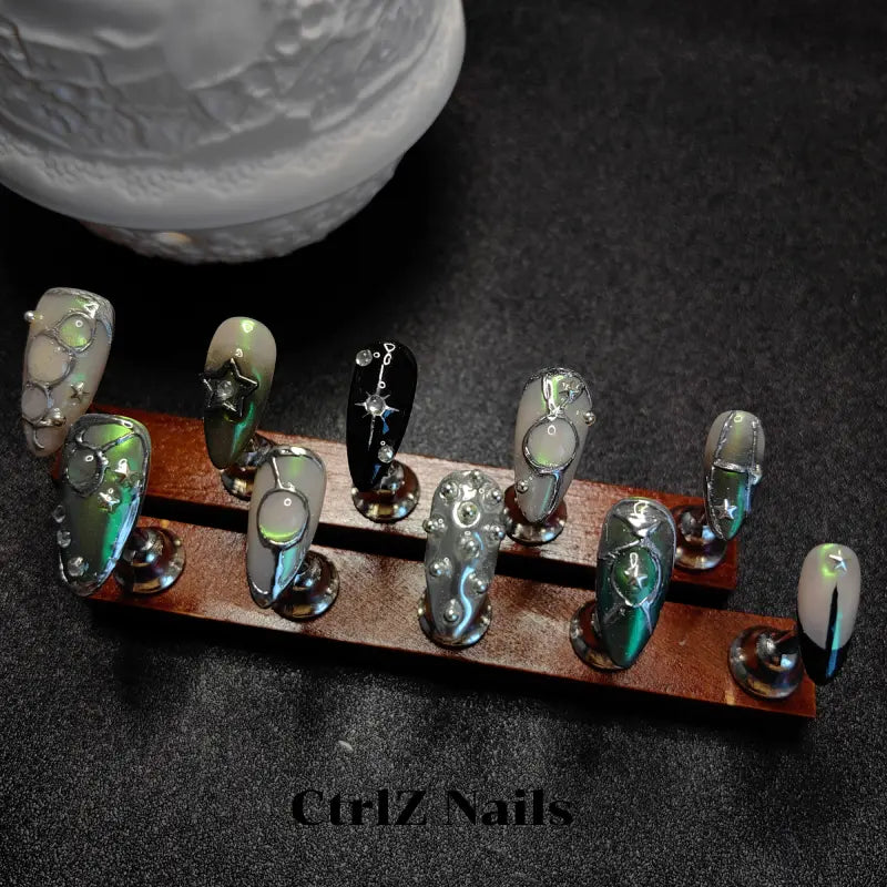 Silver Chrome Press On Nails – Mirror Shine Glow in the Dark Nail Designs for Salon & Nail Art Lovers | Handmade Fake Nails Set