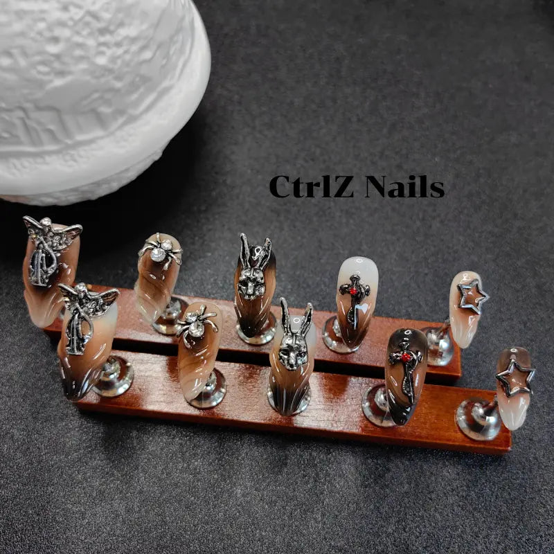 Vintage Punk Press On Nails - Gothic Bunny Head Spider Goddess Design Handmade Fake Nails