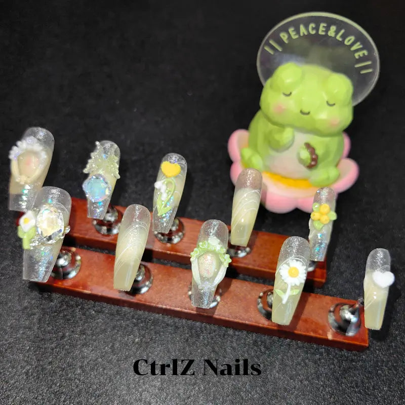 Spring Press On Nails - Sheer Yellow Green Pastel Design Handmade Fake Nails