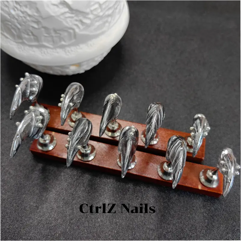 Halloween Press On Nails - Dark Chrome Silver Werewolf Claws, Sharp Metallic Fake Nails