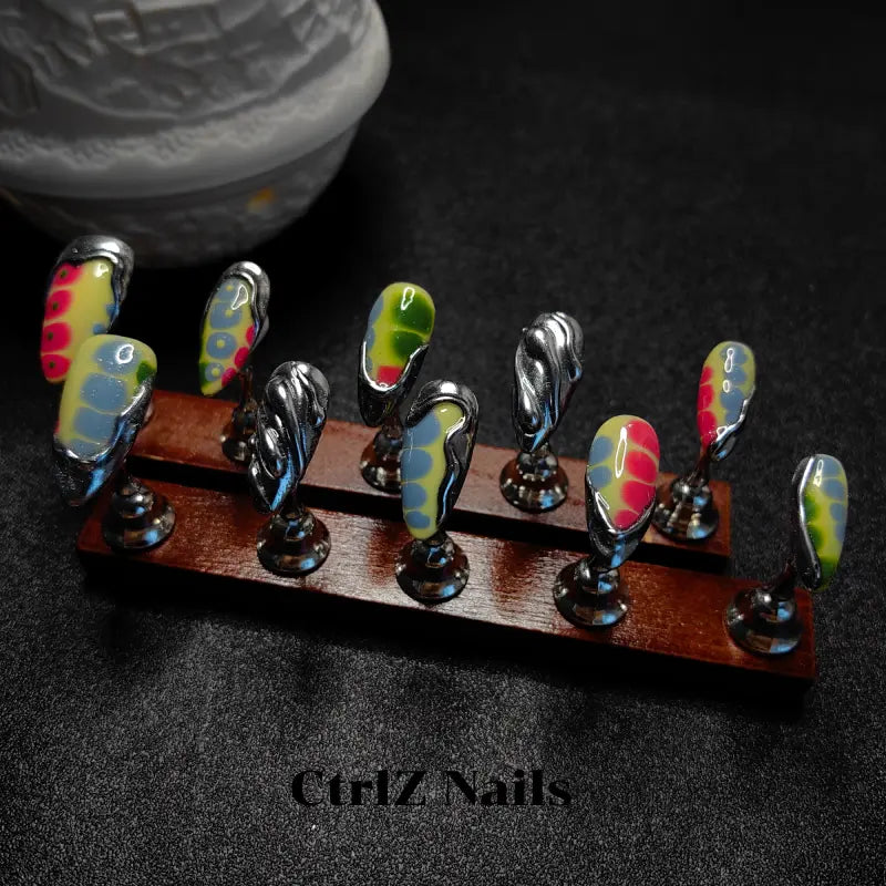 Metallic Crocodile Press On Nails - 3D Textured Handmade Fake Nails Gold Silver