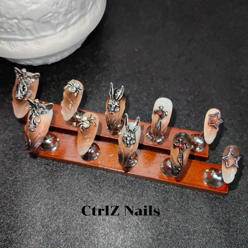 Vintage Punk Press On Nails - Gothic Bunny Head Spider Goddess Design Handmade Fake Nails