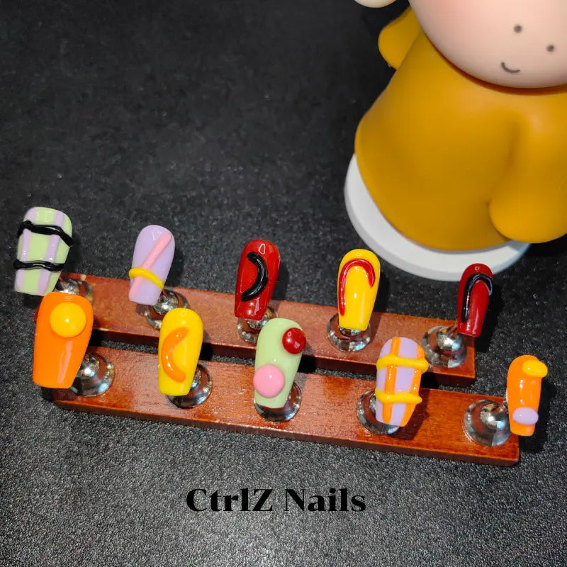 3D Dopamine Candy Clash Press On Nails - Handmade Color Block Glitter False Nails with Sculpted Design