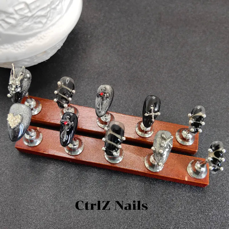 Y2K Press On Nails - Gothic Bunny Cross Design Long Lasting Fake Nails
