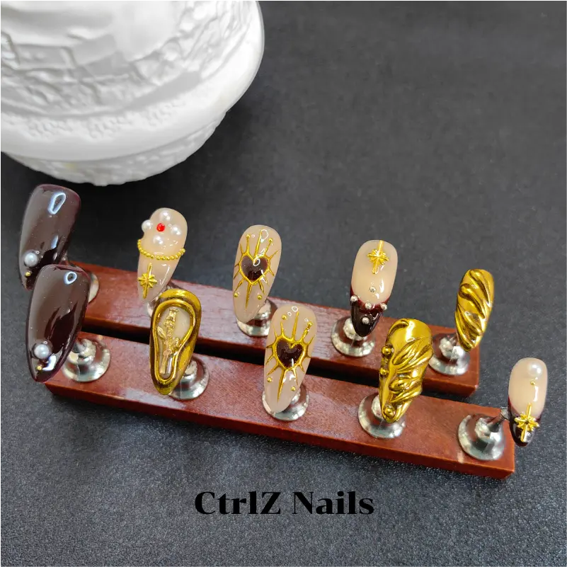 Golden Hex Rose Press On Nails - Handmade 3D Floral False Nails with Metallic Geometric Design