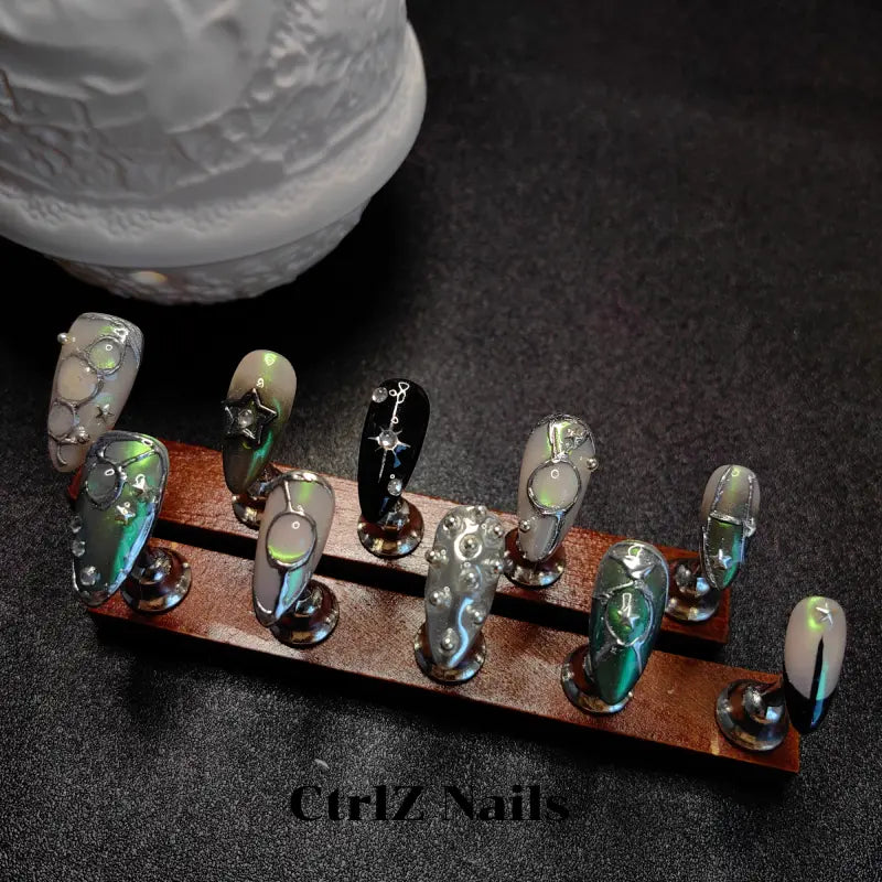 Silver Chrome Press On Nails – Mirror Shine Glow in the Dark Nail Designs for Salon & Nail Art Lovers | Handmade Fake Nails Set